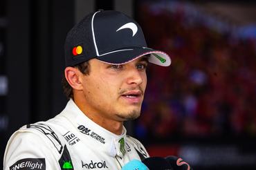 NORTHAMPTON, ENGLAND - JULY 5: Lando Norris of Great Britain and McLaren Mastercard F1 Team in the media pen during the F1 Grand Prix of Great Britain at Silverstone Circuit on July 5, 2026 in Northampton, United Kingdom. (Photo by Jayce Illman/Getty Images)