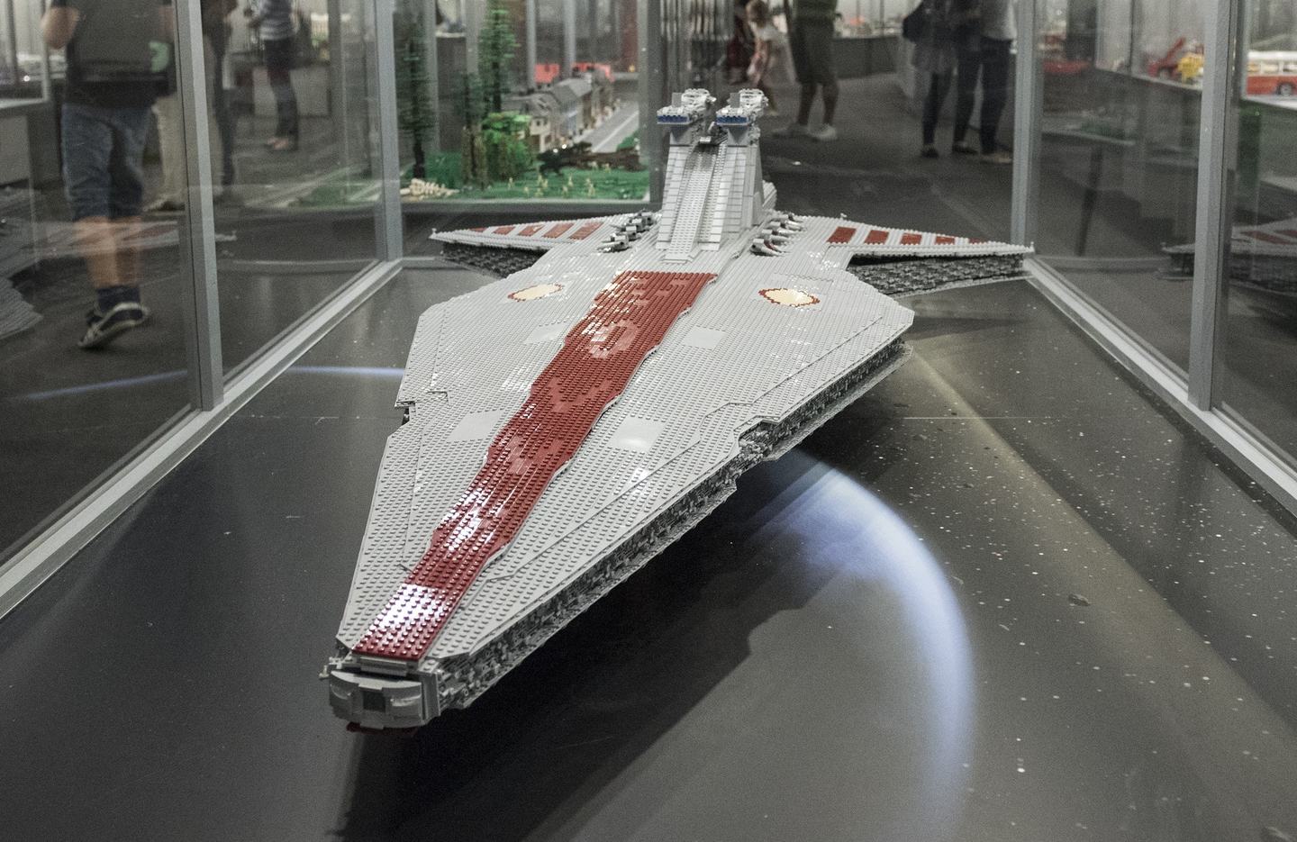 KRAKOW, POLAND - JULY 14: The Venator, Star Wars Destroyer made of Lego bricks is displayed during the World's biggest LEGO brick show at Galeria Kazimierz, Krakow, Poland on July 14, 2016.The LEGO exhibition has a surface of 1700 square meters and can be found attractions as the AIR FORCE ONE World's biggest LEGO airplane, Star Wars ships, ROBERT WADLOW the world's tallest man build with LEGO bricks, the Berlin's wall demolition and many others. (Photo by Omar Marques/Anadolu Agency/Getty Images)