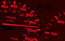Red speedometer close up