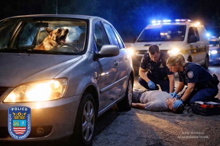 Az autó fényszóróját villogtatva kért segítséget a mentőkutya!